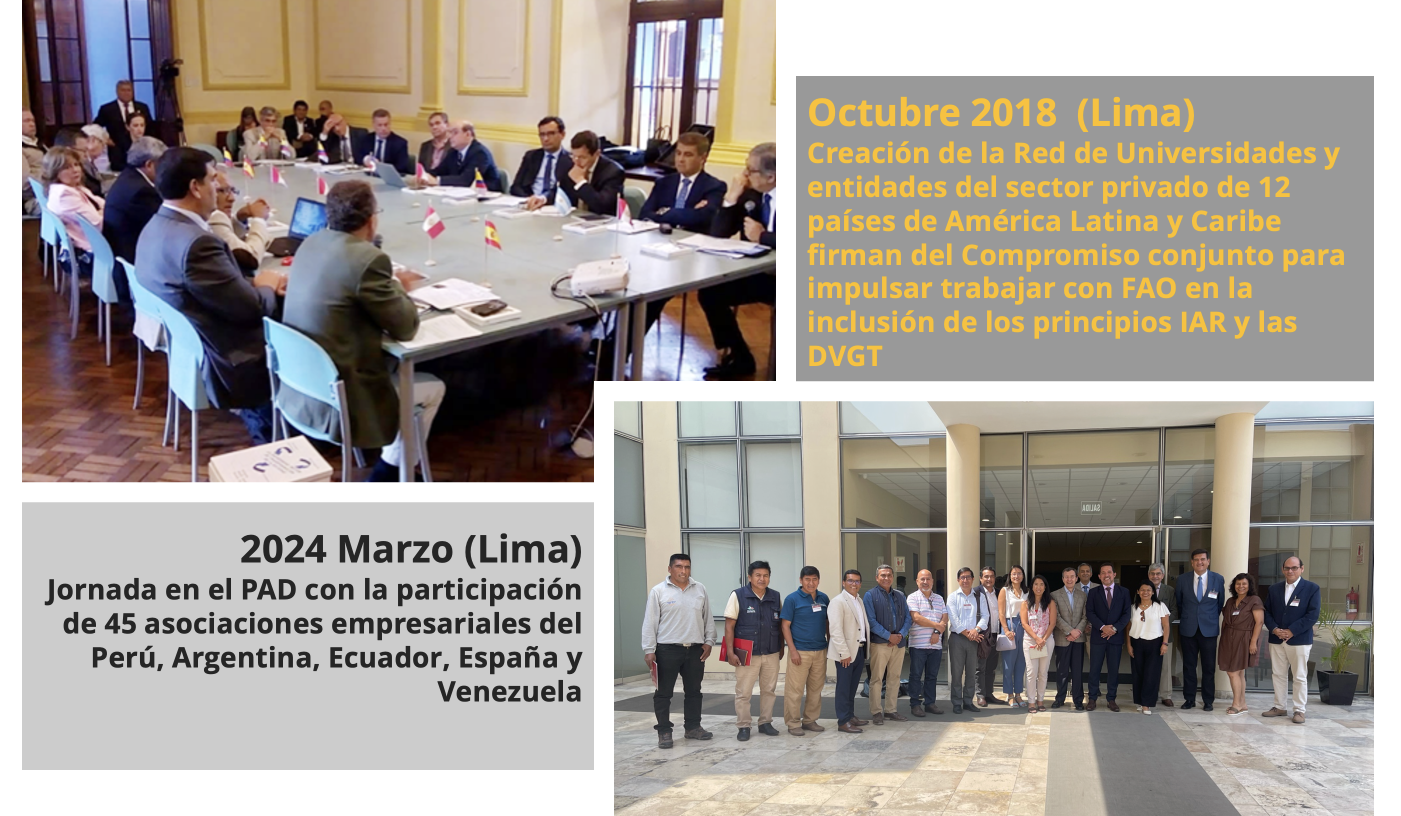 La creación en Lima (octubre de 2018) de la Red de Universidades y entidades del sector privado de América Latina y Caribe y foto de la Jornada en octubre 2024 en el PAD. La creación en Lima (octubre de 2018) de la Red de Universidades y entidades del sector privado de América Latina y Caribe y foto de la Jornada en octubre 2024 en el PAD.