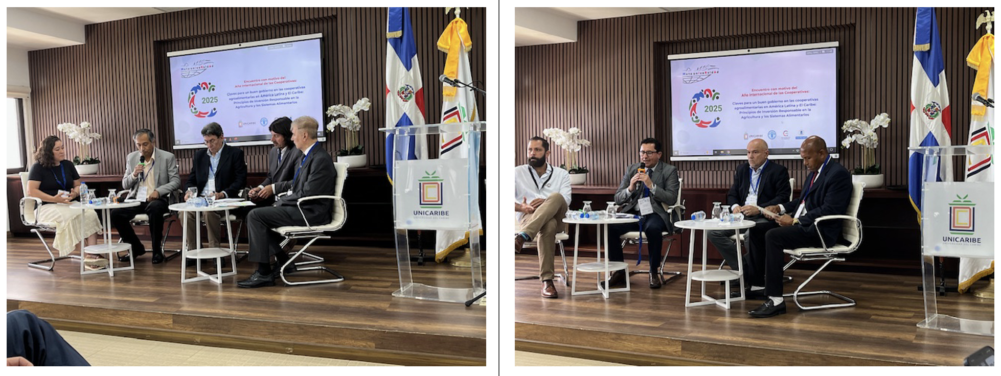 Izda.: Mesa redonda con la Cooperativa agroindustrial Tilisarao, San Luis. Argentina; Cooperativa Sabores de Calpan, Puebla, México; Cooperativa San Juan del Oro, Juliaca, Perú; Cooperativa Cadol, Uruguay. Dcha: Mesa redonda: Las cooperativas y asociaciones o empresas con espíritu cooperativo como motores para la transformación de los sistemas agroalimentarios. Entidades: Cooperativa Villa Poppy (República Dominicana); Banelino, Mao; Cooperativa La Mata